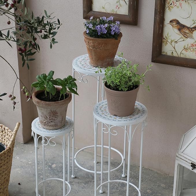 Rustic Metal Plant Stand Set of 3 Round Ceramic Top 28" Tall Mosaic Flower Stand Tile Nesting Display Side Table Indoor Outdoor Plant Rack Flower Holder for Wedding Party Patio Living Room Frame Stackable Garden Accessory Decorative White