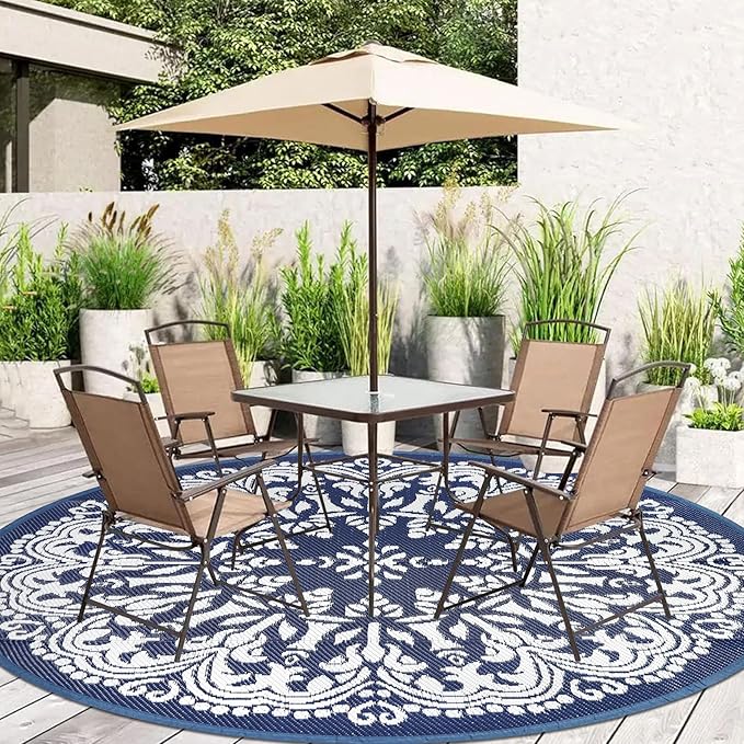 Homcomoda Round Outdoor Patio Rug 8Ft Waterproof Indoor Outdoor Area Rug Blue Classic Style