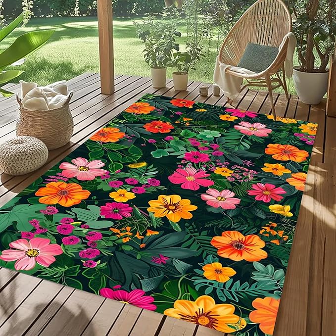 Botanical Floral Outdoor Rug 5x8 Dark Green Orange Pink Flower Texture Rugs for Patio Deck Porch Balcony Camping Waterproof Non Slip Garden Large Carpet Stain Resistant Washable Flowers Outside Mat