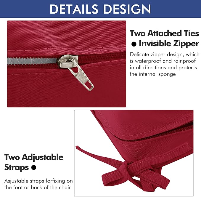 Outdoor Chair Cushions 19 x 19 Inch Water Resistant Patio Chair Cushions with Tie 3 Year Color Fastness Thick Outdoor Seat Cushion for Garden Lawn Patio Furniture Burgundy Red Set of 2