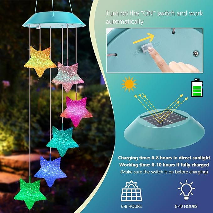 Solar Star Gift for Mom Grandma Girls, Color Changing Solar Wind Chimes for Outside, LED Outdoor Decorative Mobile Lights for Garden, Yard, Patio, Window, Party, Outdoor Decorations