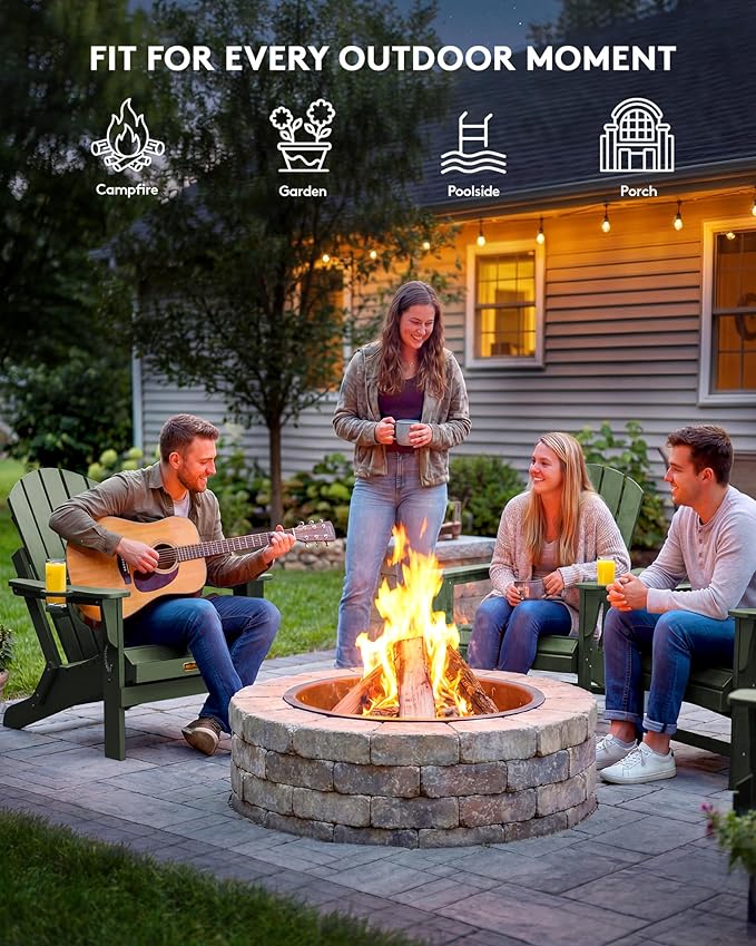 SERWALL Folding Adirondack Chair for Patio Garden, All-Weather Outdoors Chairs, Wooden Textured Fire Pit Chairs for Poolside, Backyard, Lawn - Army