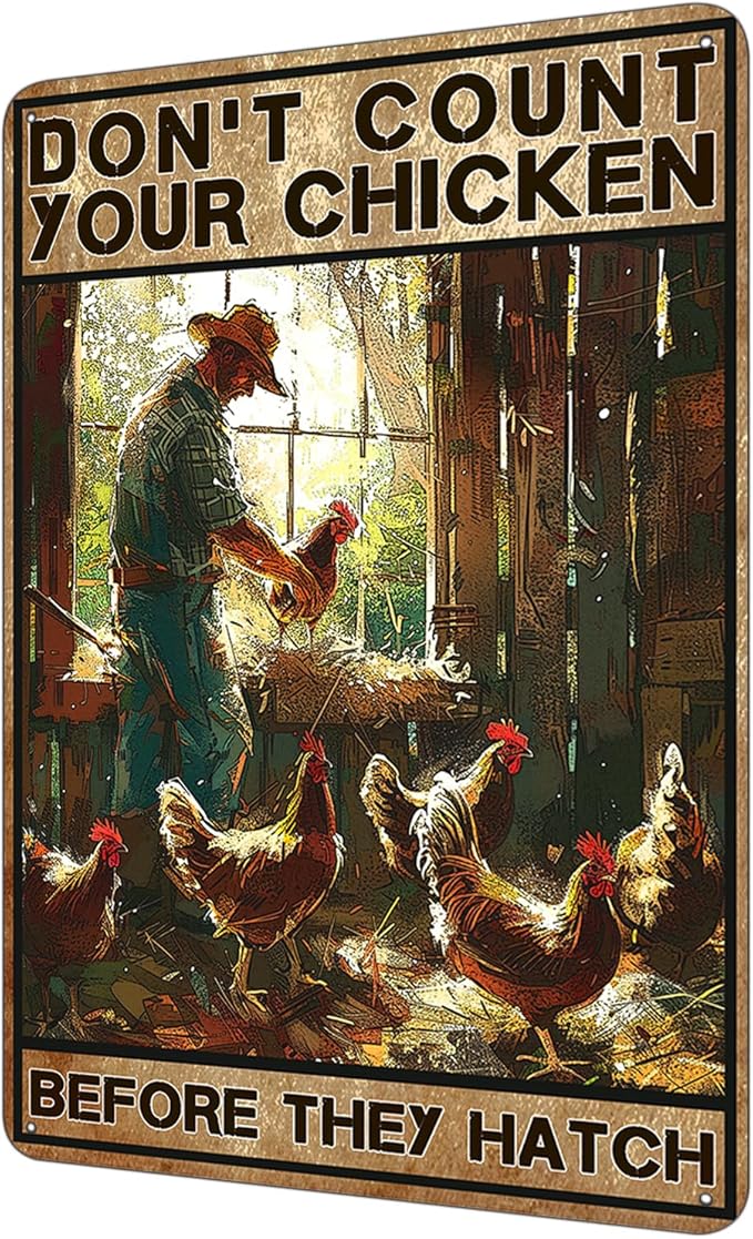 Vintage Chicken Sign, Don't Count Your Chicken Before They Hatch Man With His Chicken, Wall Decor Retro Backyard Fence Signs, Vintage Yard Chicken Decor, Gift for Man/Grandpa 8 * 12"