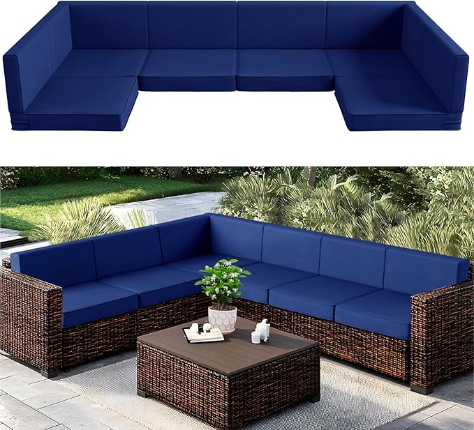 Codi 14-Piece Outdoor Cushions for Patio Furniture, 6 Seat (25.6'' x 25.6'') Waterproof Replacement Cushion Set - High-Density Foam, UV Resistant, Fits Wicker & Rattan Sectional Sofas - Navy