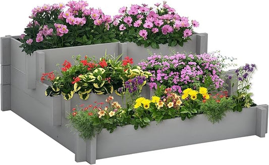 Outsunny 3-Tier Raised Garden Bed with 5 Compartments and Bed Liner, Fir Wood Elevated Planter Box, for Vegetables, Herbs, Outdoor Plants, 37 x 37 x 14in, Gray