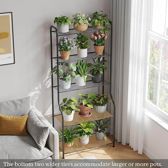 Plant Stand Indoor Outdoor for Multiple Plants, 5 Tier Tall Heavy Duty Metal Shelf, Large Flower Pot Holder Ladder for Garden, Patio, Living Room, Balcony, Black