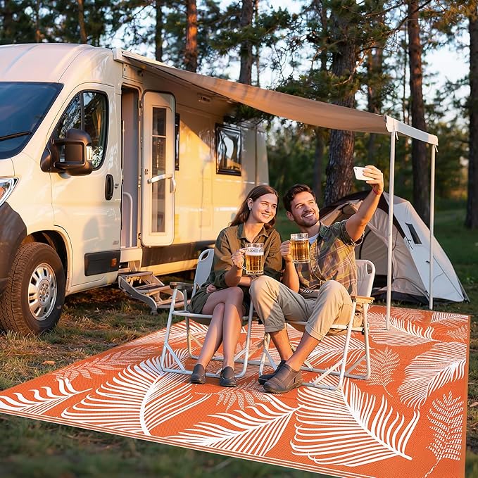Pauwer Waterproof Outdoor Rug 9x12, Reversible Plastic Straw Patio Camping Rug, Indoor Outdoor RV Mat Carpet for Deck, Camper, Porch, Balcony, Backyard, Picnic, Leaf Orange
