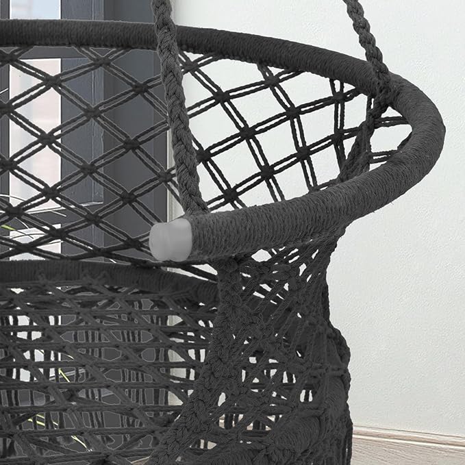 Athena Collection Hammock Swing Chair with Cushion, Outdoor Macrame Chair with Mounting Hardware, Max 350 Lbs, Large Cotton Rope Hanging Chair for Outdoor Indoor Porch Garden, Black