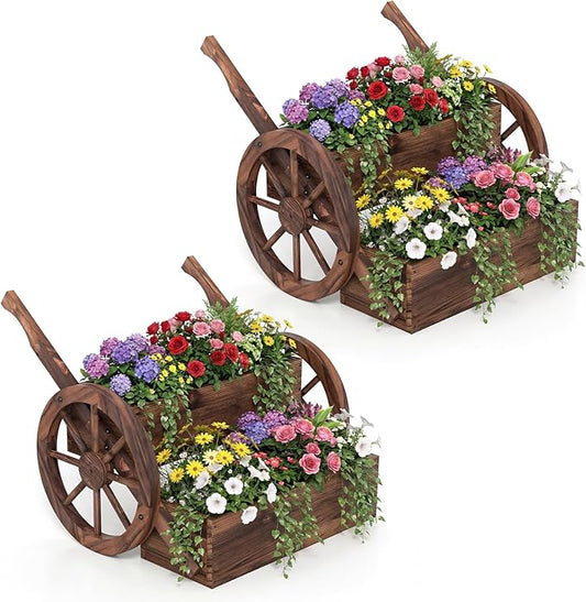 Giantex Wooden Wagon Planter Box, Rustic Garden Planter with Wheels, Handles & Drainage Holes for Flowers Herbs Vegetables, Indoor Outdoor Decorative Flower Cart for Patio Balcony (2)