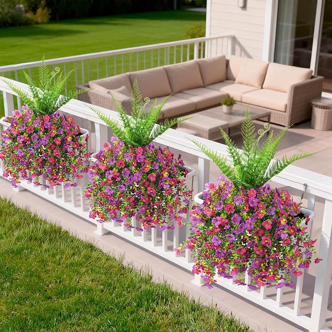 Artificial Fake Hanging Flowers for Outdoors, Silk Daisy with Articial Boston Ferns Plants Set, Realistic Spring Fake Outdoor Flowers UV Resistant Porch Patio Yard Decor