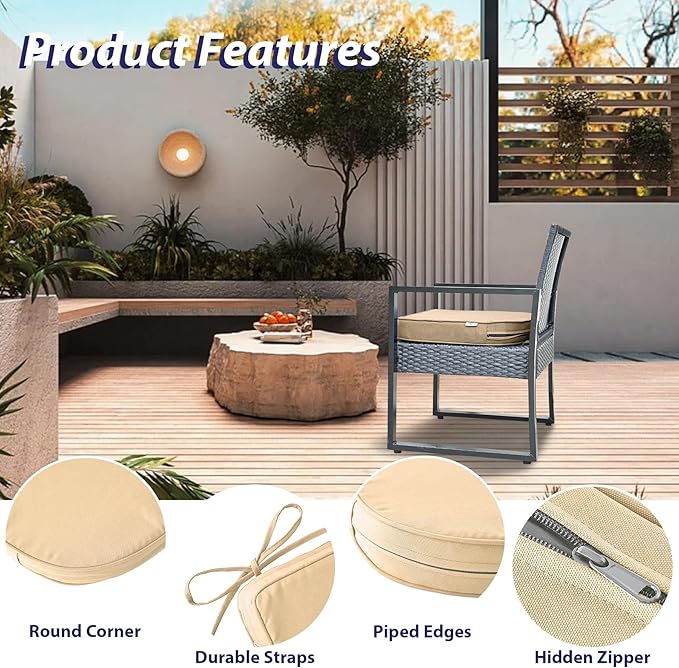 Outdoor Chair Cushions Set of 4 -Waterproof Outdoor Seat Cushions for Patio Furniture, Patio Chair Cushion with Handle and Ties, Round Out Door Chair Pads,18.5" x 16" x 3", Beige