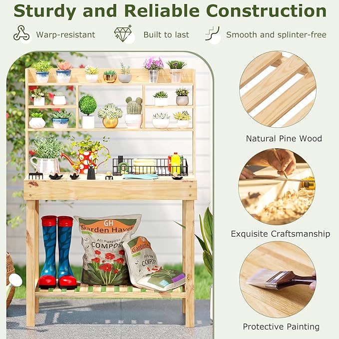 Giantex Potting Bench, Outside Solid Wood Potting Table with Flip-up Tabletop, Shelves, Indoor Outdoor Wooden Workbench for Patio Porch Balcony, Potted Plant Display Rack, 42"x18"x60", Natural