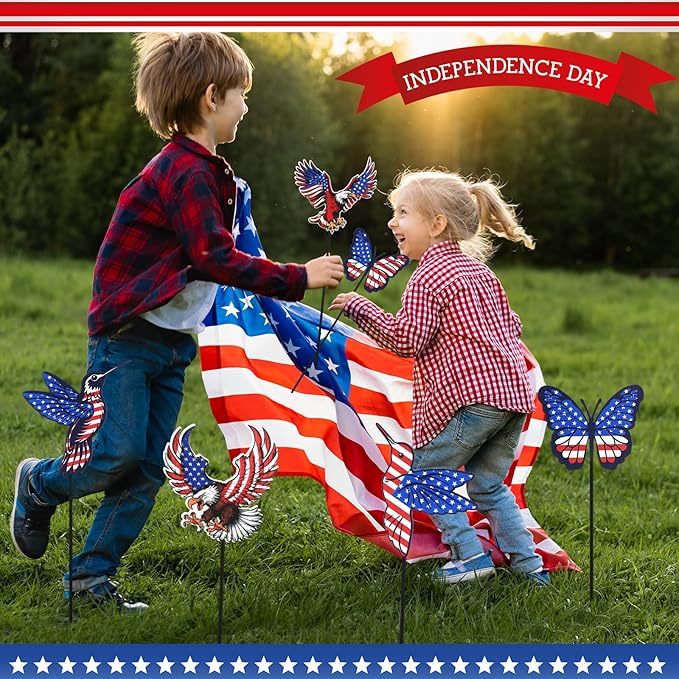 Pickmesh 6 Pcs 12" H Patriotic Metal Yard Sign Patriotic Garden Stake 250th Anniversary USA Flag American Yard Sign for Memorial Day Outdoor Decor 4th of July Independence Day Decoration