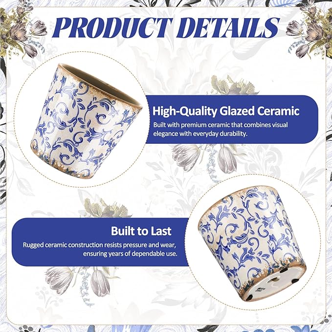 Farmhouse Ceramic Planter 5.5 Inch Large Plants Pot Crack White Blue Flowers Plant Pots with Drainage Hole Indoor Plants Kitchen Rustic Antique Decor Gift