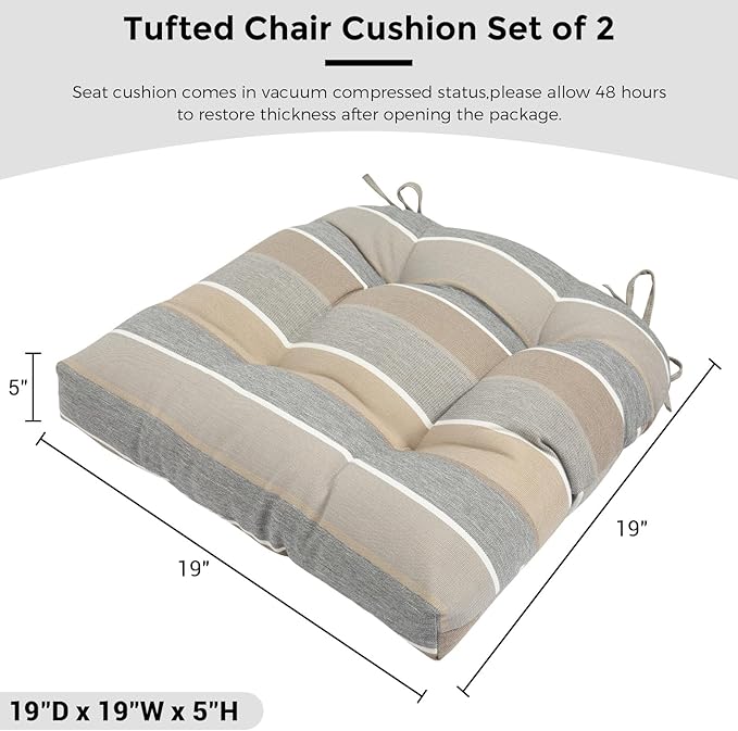 FUNHOME Outdoor Chair Cushions 19 x19 Inch,Water Resistant Tufted Seat Cushions 19",Reversible,Weather Resistant,Rounded Back Wicker Chair Cushion for Patio Garden Furniture(Gray Stripe)