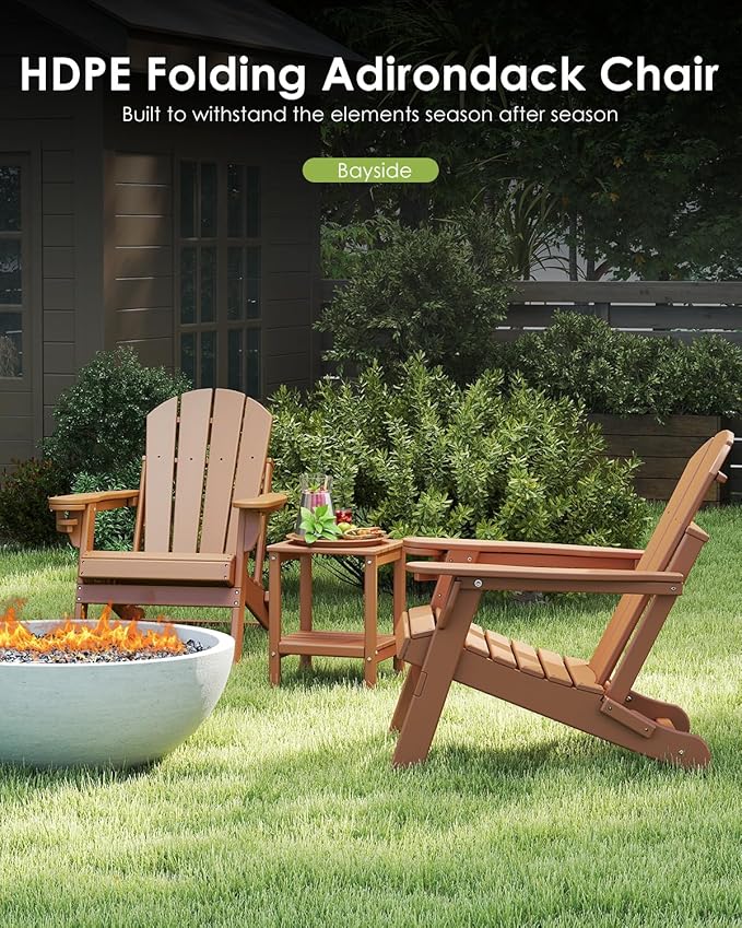 GREENVINES Folding-Adirondack-Chairs-Set-of-4 | HDPE Plastic | Fire Pit Chair | All Weather | Cup Holder | Teak | for Deck Backyard Patio Outdoor Garden