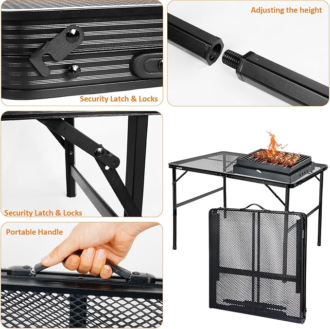 4 ft Folding Table with Adjustable Height (16.5" & 26"), Black Metal Mesh Table with Carry Handle, Portable for Outdoor BBQ, Grill, Family Gathering & Prep, Fits 4–8 People, 8.8 lb, Supports 66 lb