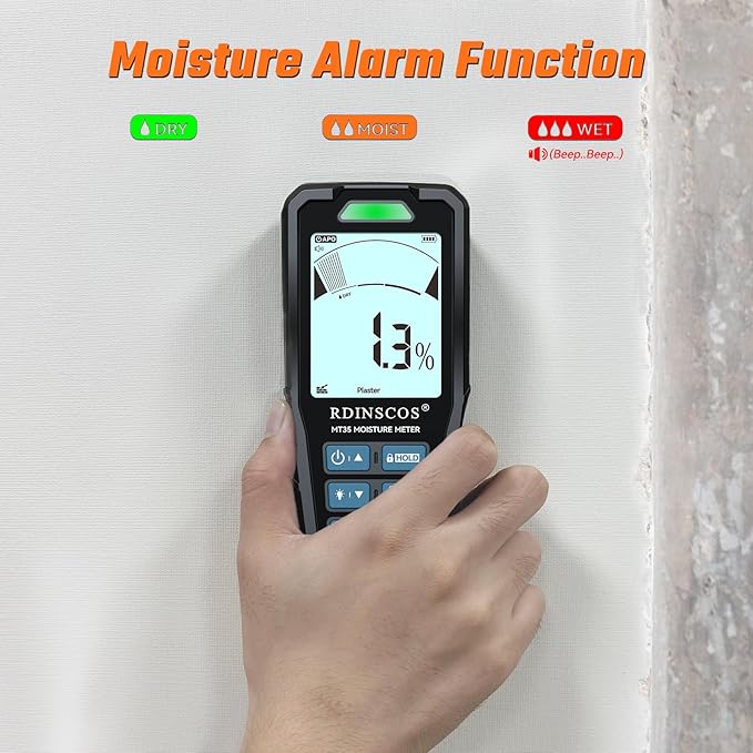 Rechargeable RDINSCOS Moisture Meter for Drywall & Low-Density Materials, Pinless Wall Moisture Detector with High Sensitivity, Non-Invasive Surface Scanner for Home Inspection, Basements & DIY Use