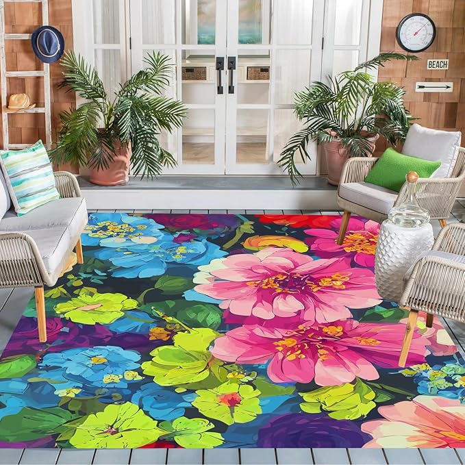 Blue Green Art Deco Floral Flower Pattern Modern Outdoor Rug 8x10 Waterproof Washable Boho Patio Deck Porch Large Area Rug Non Slip Cute Outside Carpet for Garden Camping Backyard