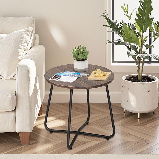 VECELO Outdoor Side Table,17.7 inch Patio Small Round End Table,Waterproof Wood Table with Weather Resistant Steel Adjustable Feet for Living Room Bedroom Garden Yard Balcony Porch Poolside