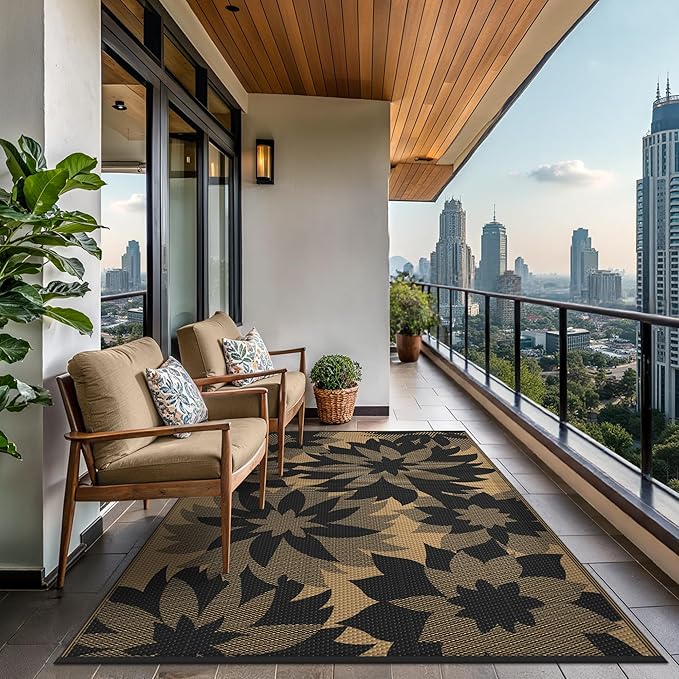 GENIMO Outdoor Rug 6' x 9' Waterproof for Patio Clearance, Reversible Plastic Straw Camping Mat, Light Weight Carpet for Rv, Camper, Deck, Porch, Picnic, Balcony, Beach, I.Black & Brown
