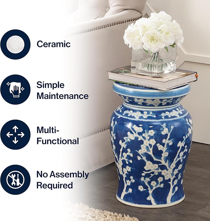 JONATHAN Y TBL1017D Cherry Blossom 17.75" Ceramic Indoor/Outdoor Garden Stool Coastal, Contemporary, Transitional, Patio, Garden Room, Bathroom, Living Room, Blue/White