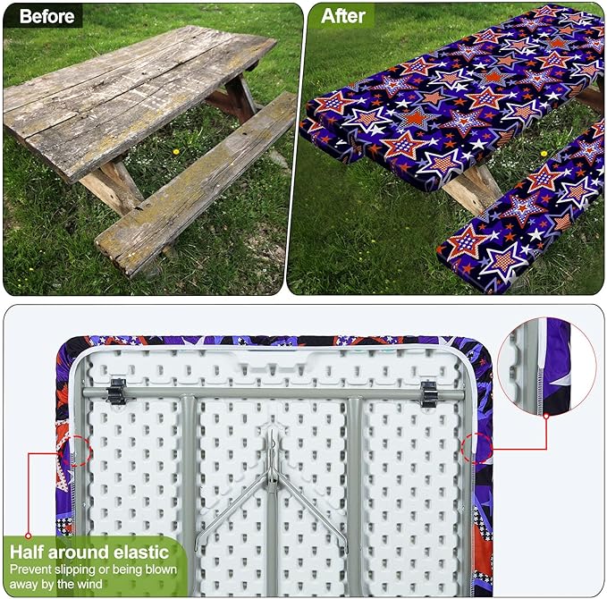Picnic Table Cover with Bench Covers 6FT 3 Pcs Waterproof Windproof Aesthetic Camping Tablecloth with Drawstring Bag, Fitted for 6 Foot Rectangle Tables and Seats, 72 inch, Red Blue Stars