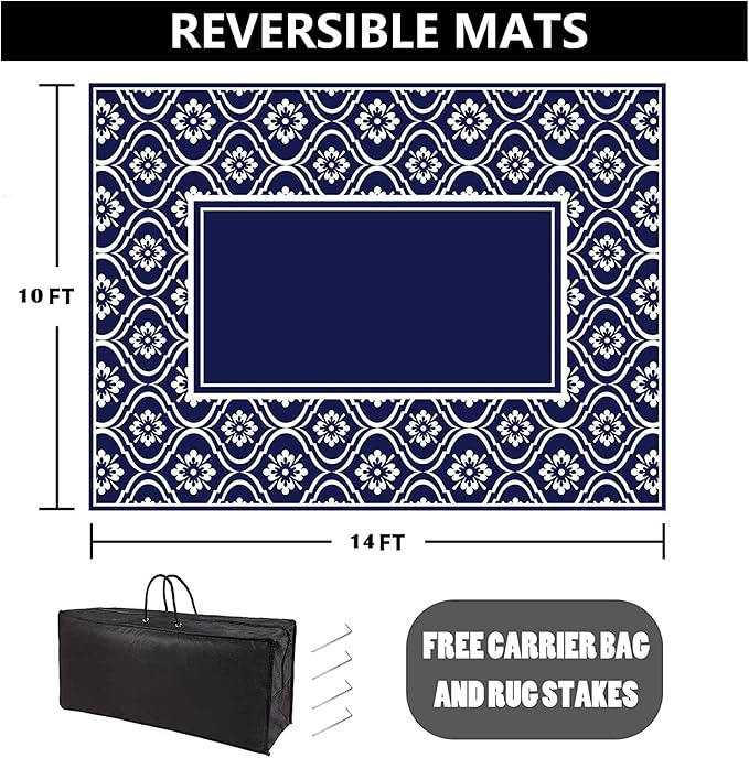 HUGEAR Patio Rug 10'x14' Waterproof Outside Area Rugs Reversible Blue Outdoor Plastic Straw Carpet for RV Deck Camping Entryance Porch Picnic Balcony Beach