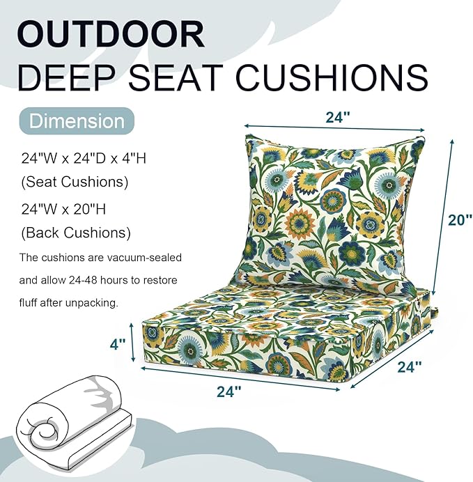 Outdoor Deep Seat Cushion Set, Water Repellent 24"x24" Patio Thick Cushions Replacement with Seat & Back Pillow for Patio Sofa, Wicker Chair, Couch - Fiesta Floral