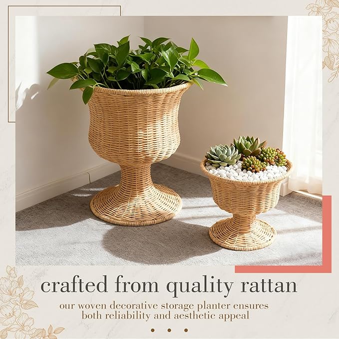 2 Pcs Rattan Indoor Outdoor Planter Basket Woven Decorative Storage Basket and Planter for Porch Patio Backyard Home Garden, 13 x 13 x 14.17 Inches, 8.66 x 8.66 x 9.45 Inches
