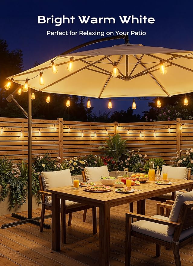 Brightown 108FT Solar String Lights Outdoor Waterproof, Patio Lights with Remote and 50+2 LED Shatterproof Bulbs, Dimmable & Timable, 3 Light Modes, Solar Lights Outdoor for Yard Camping Party Outside