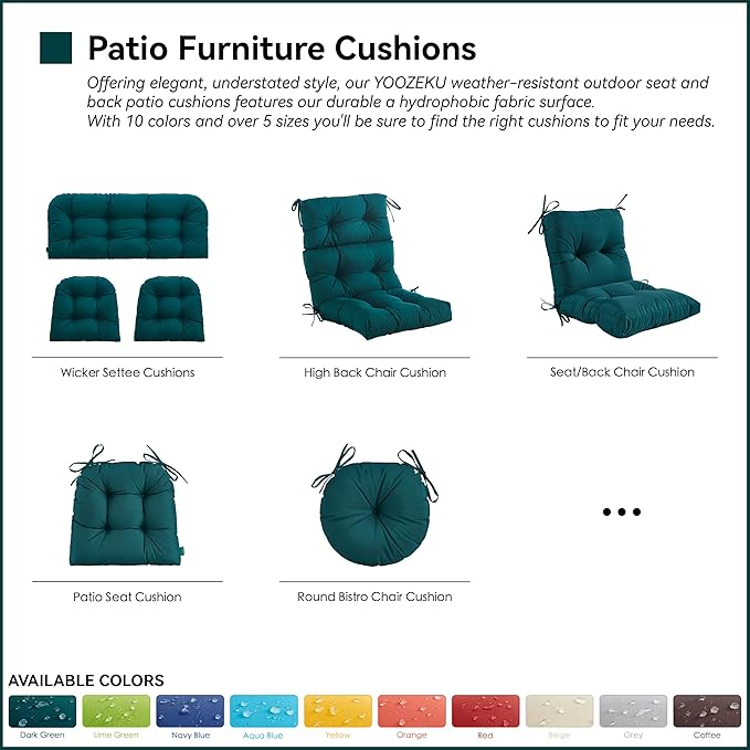 Outdoor Indoor Seat/Back Chair Tufted Cushion,All-Weather Patio Chair Cushion with Ties,for Patio Furniture,Dark Green