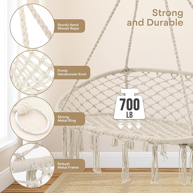 Athena Collection Hammock Swing Chair with 2 Seat, Max 700 Lbs, Outdoor Large Cotton Rope Chair Hanging Macrame Chair with 3 Soft Cushion, Swing Chair for Outdoor Indoor Patio Garden, White
