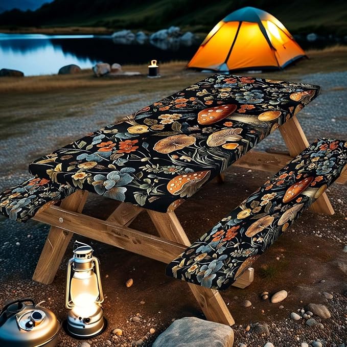 Picnic Table Cover with Bench Covers and Bag, Summer Outdoor Waterproof Windproof Tablecloth with Elastic Edges, Camping Accessories RV Gear Campers 3 Pcs Set, Black Mushroom 30X60inch