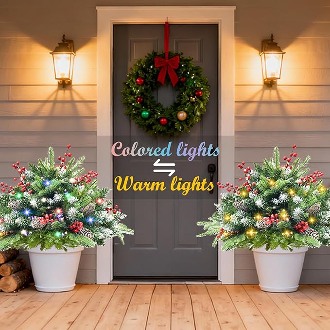 2 Pack Artificial Christmas Urn Filler,20" MUL-ti Color 50 LED Outdoor/Indoor Trees with 8 Modes & Auto Timer,Waterproof Battery Box & Stakes,Includes Pine Cones & Red Berries for Holiday Decor