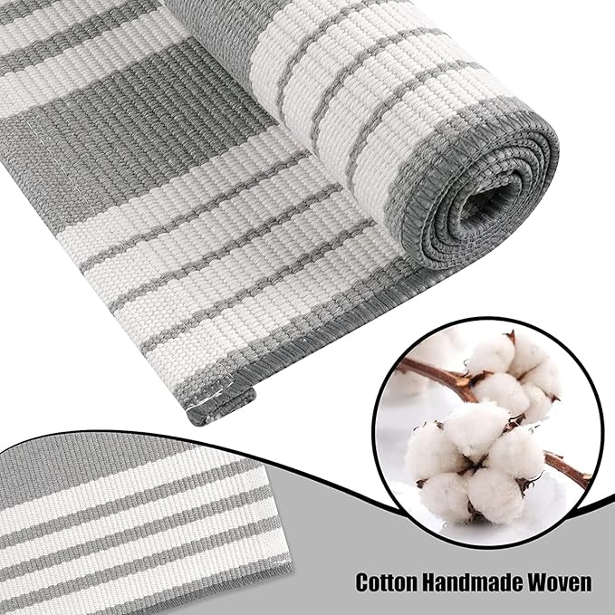 OJIA Entryway Rug 3'x5' Cotton Hand Woven Front Door Mat Outdoor Doormat Machine Washable Outdoor Rugs Grey and White Striped Entry Rug Porch Rugs for Farmhouse/Bedroom/Home Entrance Decor