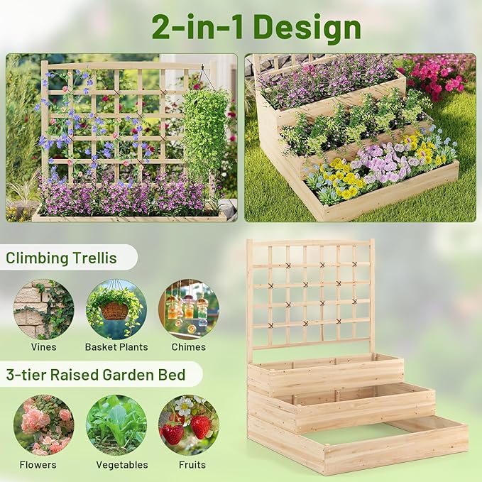 Giantex 3-Tier Raised Garden Bed with Trellis and 3 Planter Boxes, Outdoor Open-Ended Wood Raised Bed for Planting and Vines Flowers Vegetables Growing, 44"x45"x56"