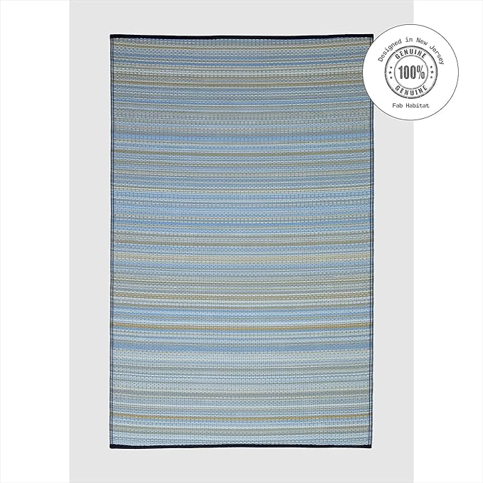Fab Habitat Outdoor Rug - Waterproof, Fade Resistant, Crease-Free - Premium Recycled Plastic - Striped - Patio, Porch, Deck, Balcony, Sunroom - Cancun - Shadow Blue - 5 x 8 ft