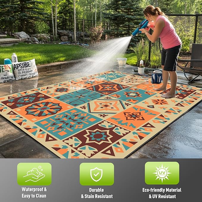 WILDROOTS 5x8 Feet Vintage Patchwork Plastic Outdoor Rug, Stain Resistant Waterproof Reversible Outdoor Patio Rug, Fade Resistant Camping Rug