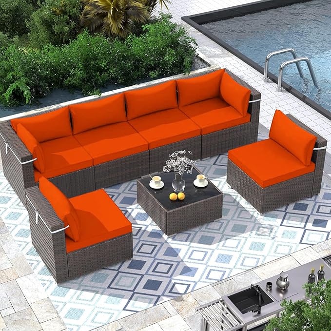 Outdoor Sectional Cushions Replacement Set, 26x26in Patio Furniture Cushions, 14 Pieces Waterproof Outdoor Couch Cushion for 6 Seat Wicker Conversation (Orange)