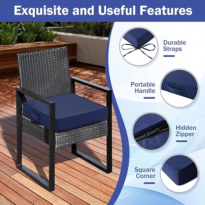 Patio Chair Cushions, 19" x 19" x 3" Outdoor Chair Cushions Set of 4, Waterproof Outdoor Cushions for Patio Furniture, Outdoors Seat Cushions Set of 4 with Handle and Ties, Navy Blue