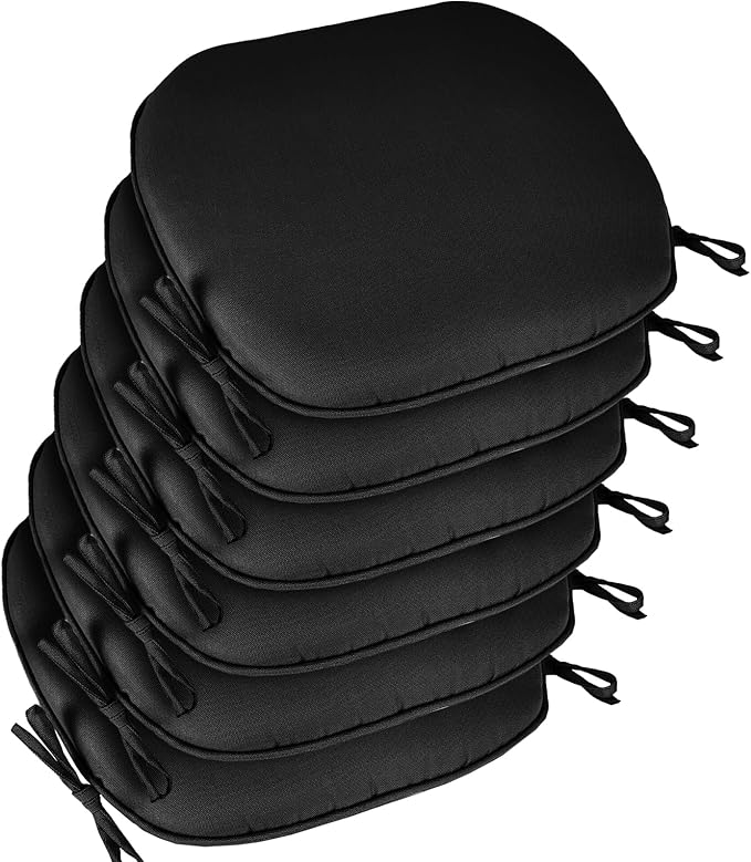 SleepMan Outdoor 17"x16" Chair Cushions with Ties Set of 6, Water Resistant All Weather U-Shape Seat Pads for Patio Garden Furniture Indoor Fade Resistant Patio Cushions (Black)