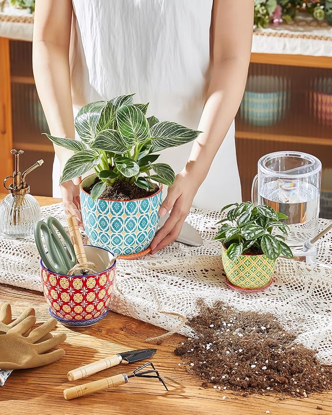 Ceramic Plant Pots, 3.8+4.9+5.8 Inch, Set of 3 Flower Pots with Drainage Hole & Saucer, Trio Planter Pots Set for House Plants, Home Decor, Vibrant Colors