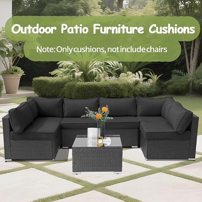 14Piece Outdoor Sofa Cushion Replacement, Patio Furniture Waterproof Cushion with Zippers, fit 6-Seat Outdoor Wicker Rattan Sectional Couch (Black, 23.6"x23.6"x3.9")