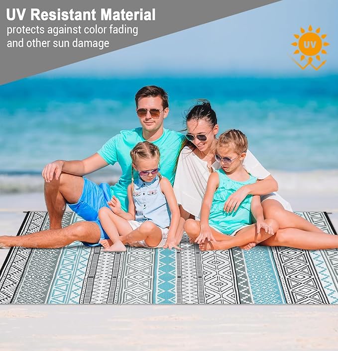 GarveeLife Waterproof Outdoor Rugs 5x8 UV-Resistant Plastic Straw Rug Foldable Reversible Modern Geometric Carpet, Outdoor Floor Mat for RV, Porch, Deck, Beach, Blue & Grey