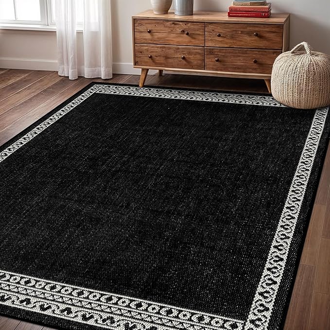 Washable Outdoor Rug 6x9 Modern Area Rugs Outdoor Carpets Bordered Pattern Non Shedding Waterproof Easy Clean Patio Deck Porch Living Room Bedroom Garden RV (6 X 9 Black)