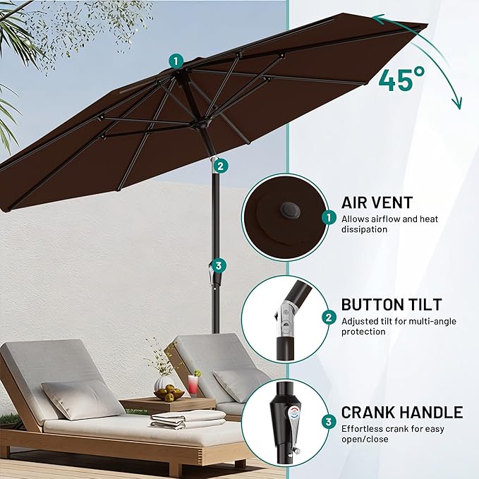 AreShark 9 FT Patio Umbrella for Outdoor, Outdoor Table Umbrella with Push Button Tilt and Crank, Outdoor Patio Umbrellas with 8 Sturdy Ribs for Market, Garden, Pool (Brown)