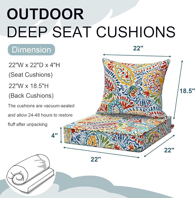 Outdoor Deep Seat Cushion Set, Water Repellent 22"x22" Patio Thick Cushions Replacement with Seat & Back Pillow for Patio Sofa, Wicker Chair, Couch - Paisley Multi
