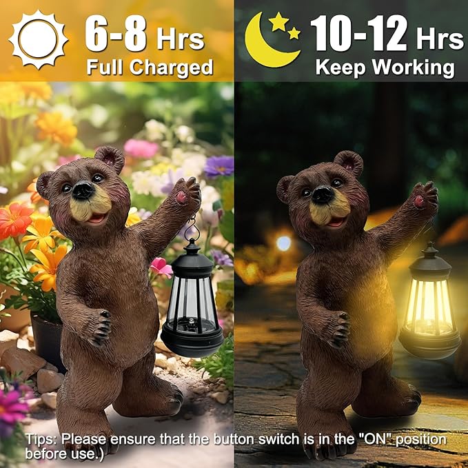 Solar Lantern Garden Statues Decor, 14" Large Outdoor Bear Figurine Lights for Yard Patio Decoration - Unique Christmas Housewarming Gift for Grandma Wowen Mom
