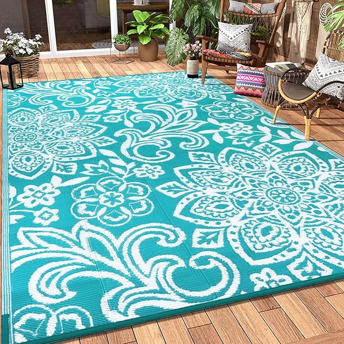 Findosom Waterproof Outdoor Rug 8' x 10' - Reversible Mandala Outdoor Plastic Straw Rug, Durable Foldable Patio Rug for RV, Deck, Balcony, Backyard, Picnic, Porch, Camping, Beach, Blue